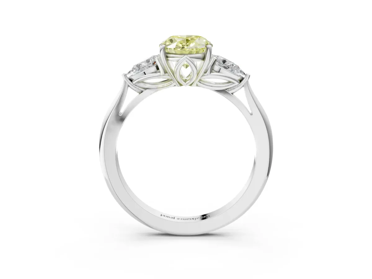 Fancy Yellow Three-Stone Oval Cut Diamond Ring with Pear Side Stones in Four-Prong Setting White gold