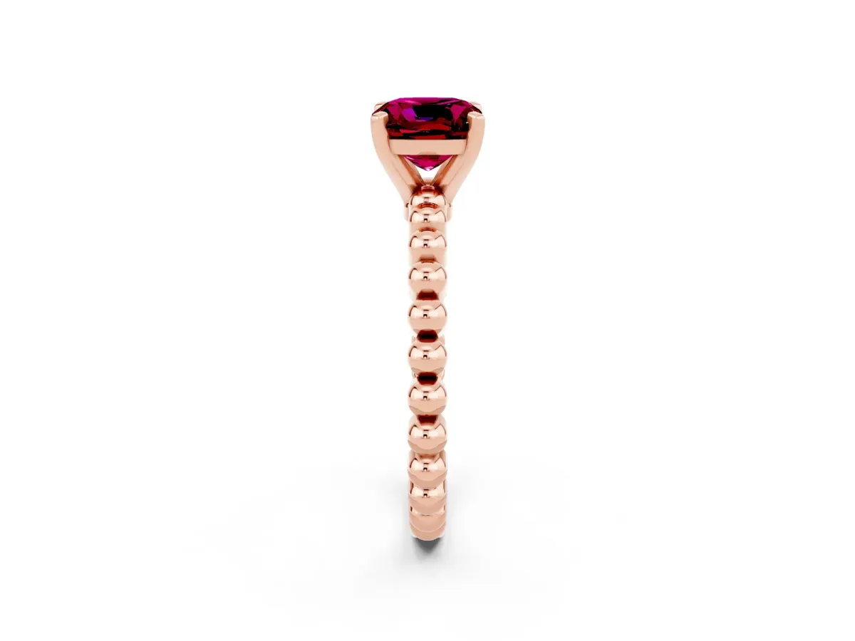 Cushion Cut Garnet Solitaire Ring with Beaded Band and Prong Setting Rose gold