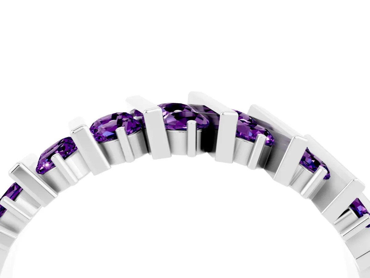 Channel Set Round Amethyst Anniversary Band with Vertical Prongs Silver