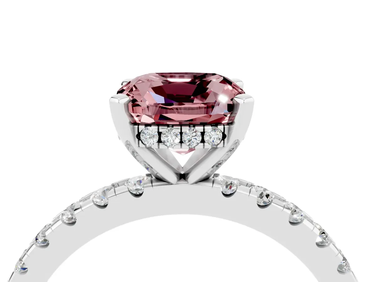 Cushion Cut Morganite Solitaire Ring with Round Pavé Band and Four-Prong Setting Silver