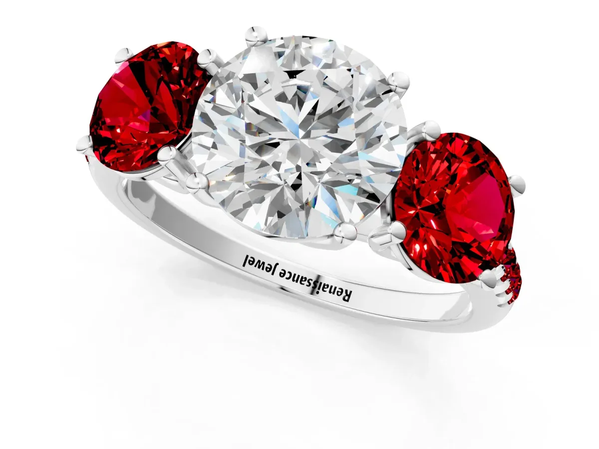 Three-Stone Round Cut Diamond Ring with Round Ruby Pavé Band and Prong Setting Silver