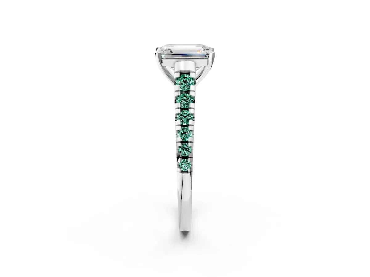 Emerald Cut Diamond Cathedral Solitaire Ring with Round Green Sapphire Pavé Band Silver
