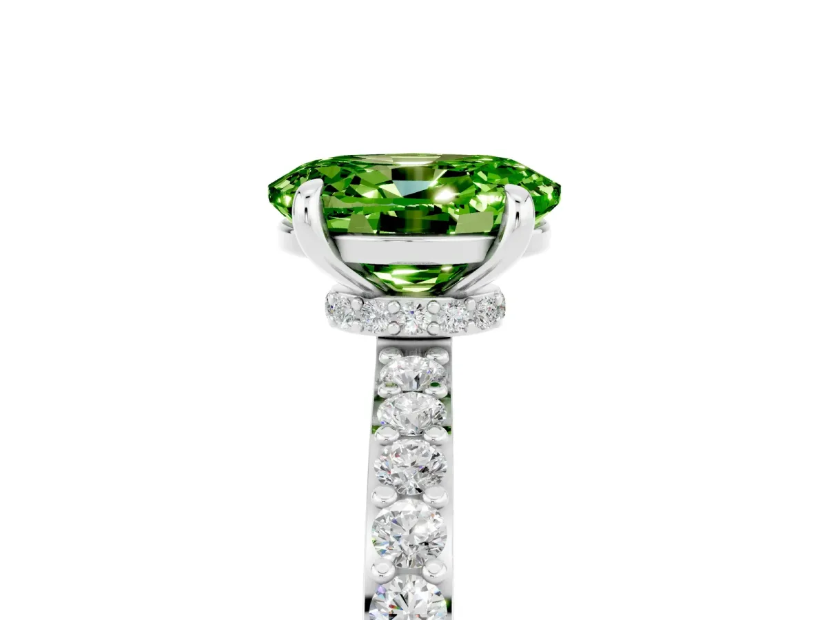 Oval Cut Peridot Solitaire Engagement Ring with Pavé Band and Four-Prong Setting Silver