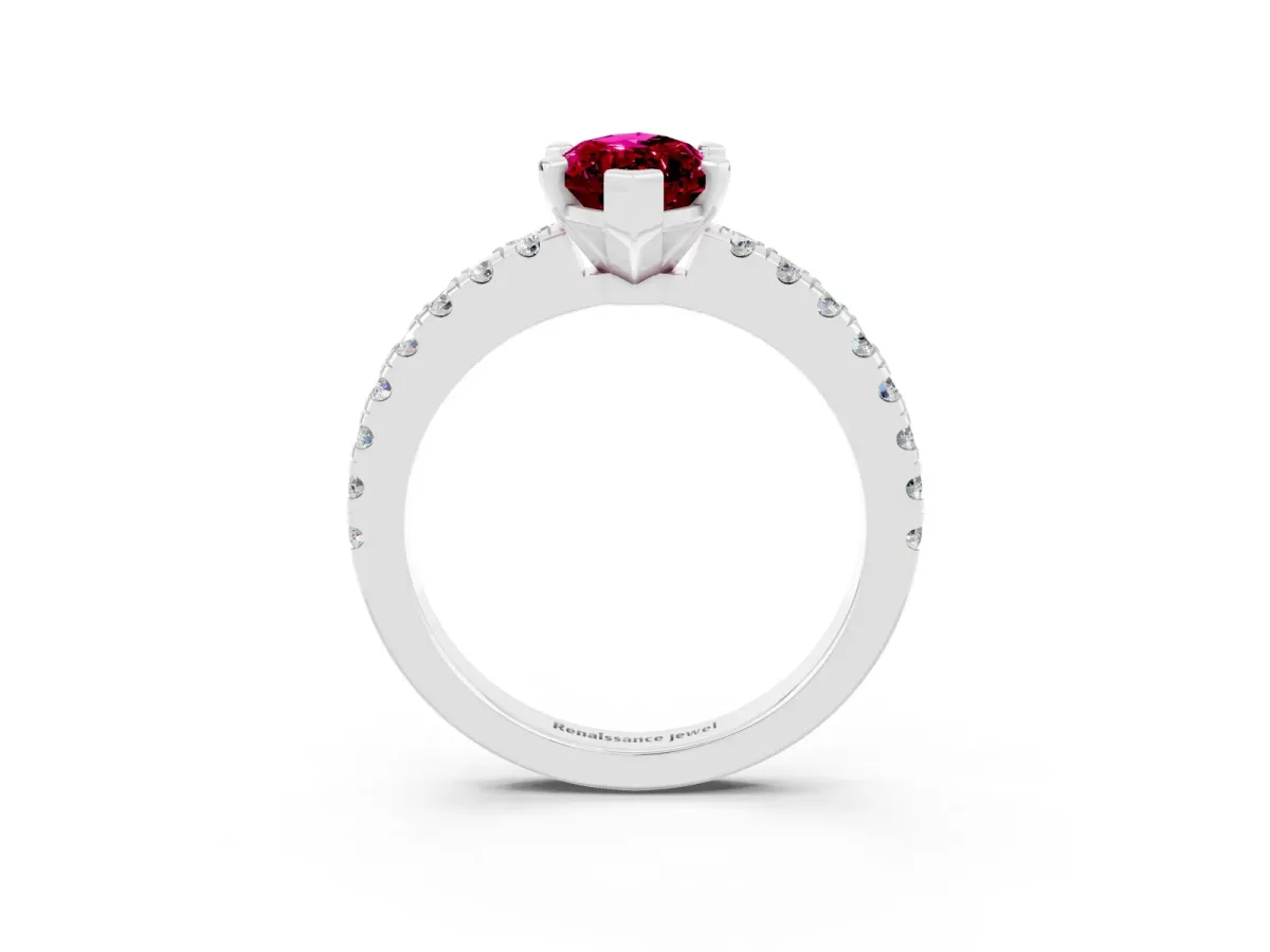 Marquise Cut Solitaire Garnet with Pavé Band and Four-Prong Setting Silver