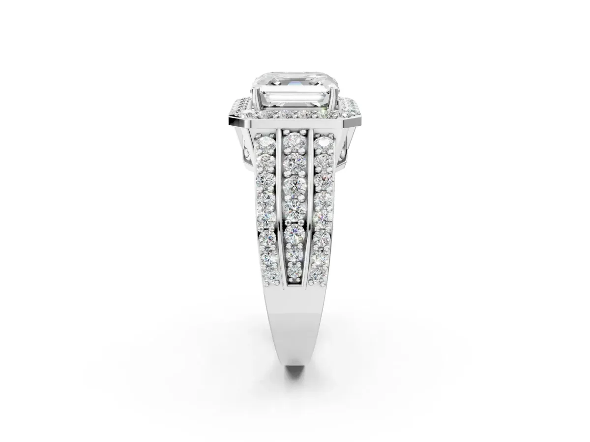 Asscher Cut Halo Diamond Ring with Round Moissanite Split Shank and Prong Setting Silver