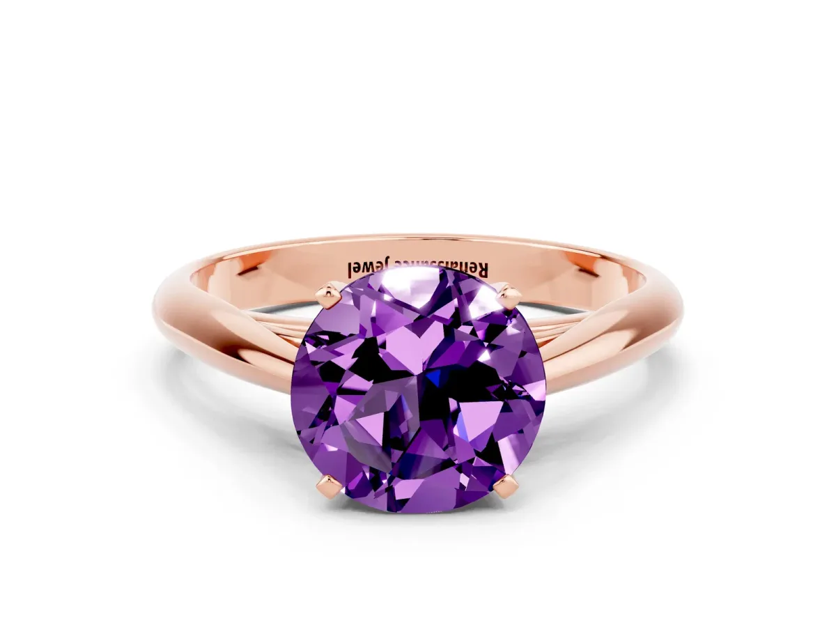 Round Cut Amethyst Solitaire Engagement Ring with Cathedral Setting and Four-Prong Mount Rose gold
