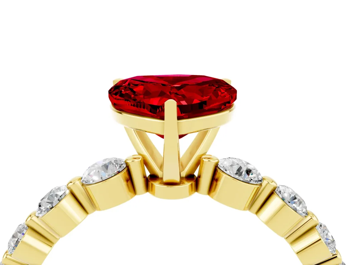 Heart Cut Solitaire Ruby Ring with Pave Band and Four-Prong Setting Yellow gold