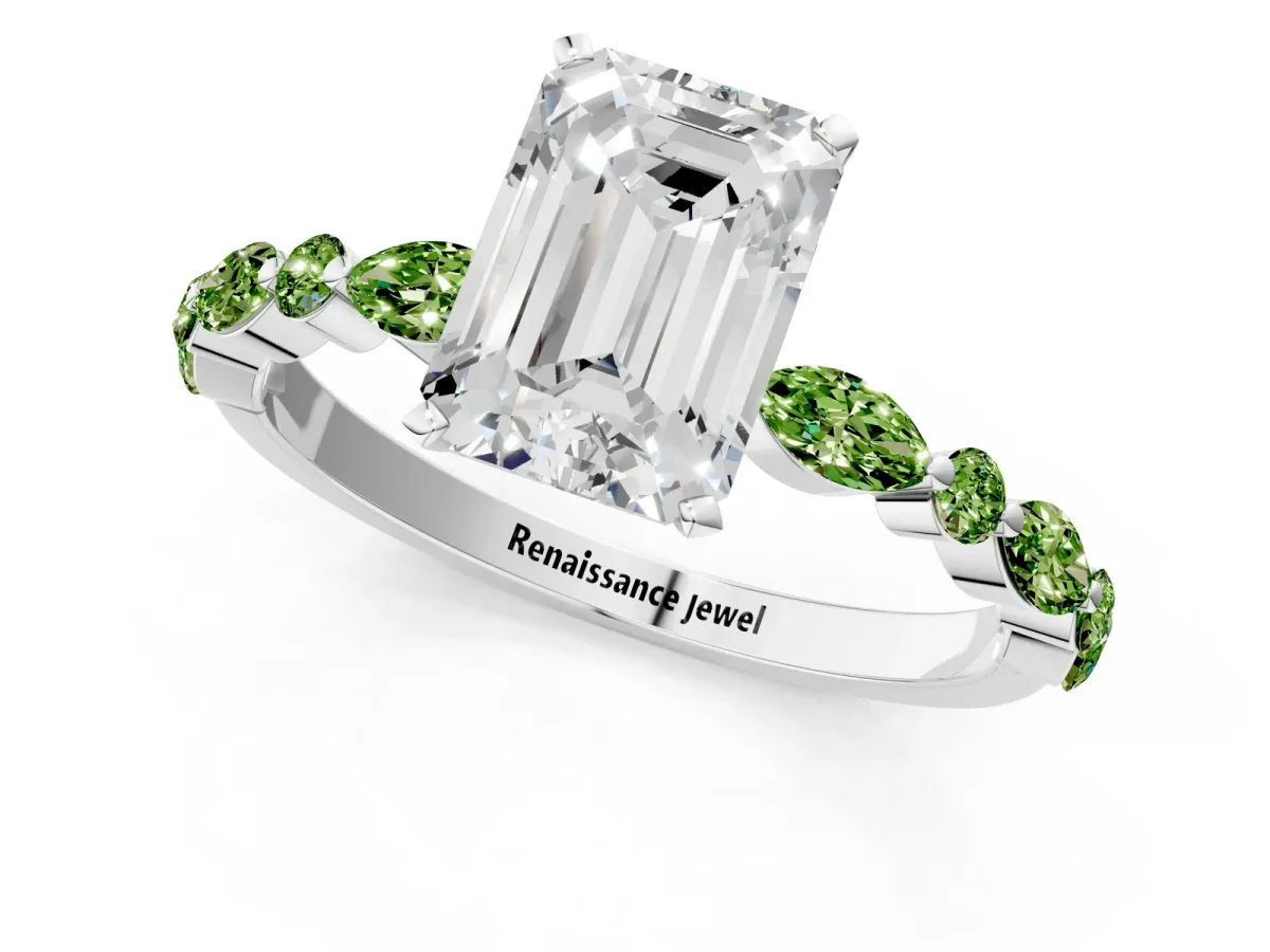 Emerald Cut Diamond Ring with Marquise and Round Peridot Side Stones and Four-Prong Setting Silver