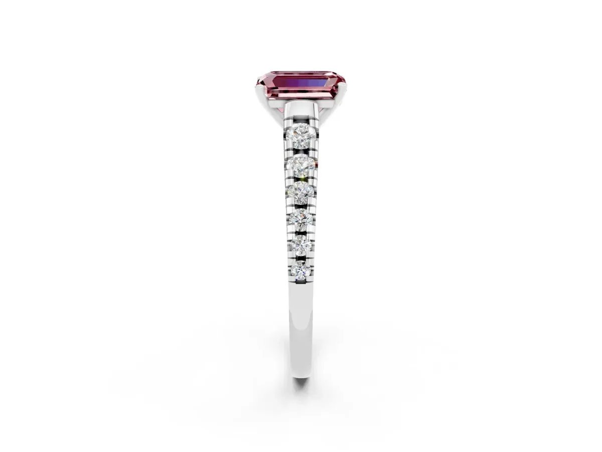 Emerald Cut Morganite Cathedral Solitaire Ring with Round Pavé Band Platinum