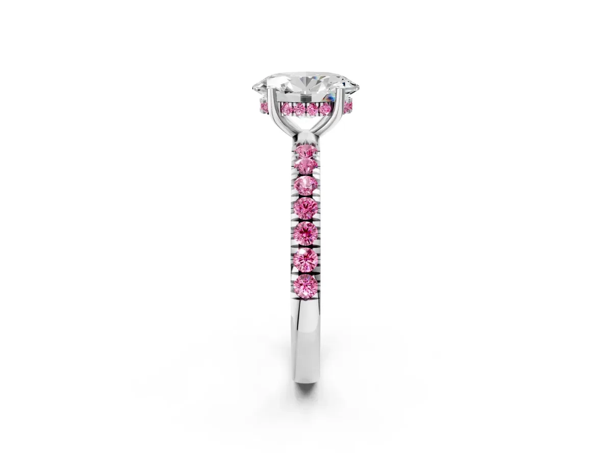 Oval Cut Diamond Pave Band Solitaire Ring with Round Pink Sapphire and Prong Setting Silver