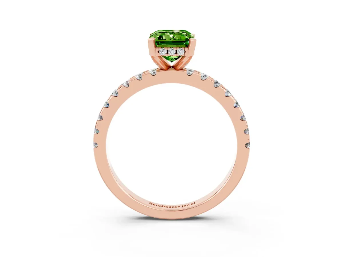 Emerald Cut Peridot Solitaire Ring with Round Pavé Band and Four-Prong Setting Rose gold