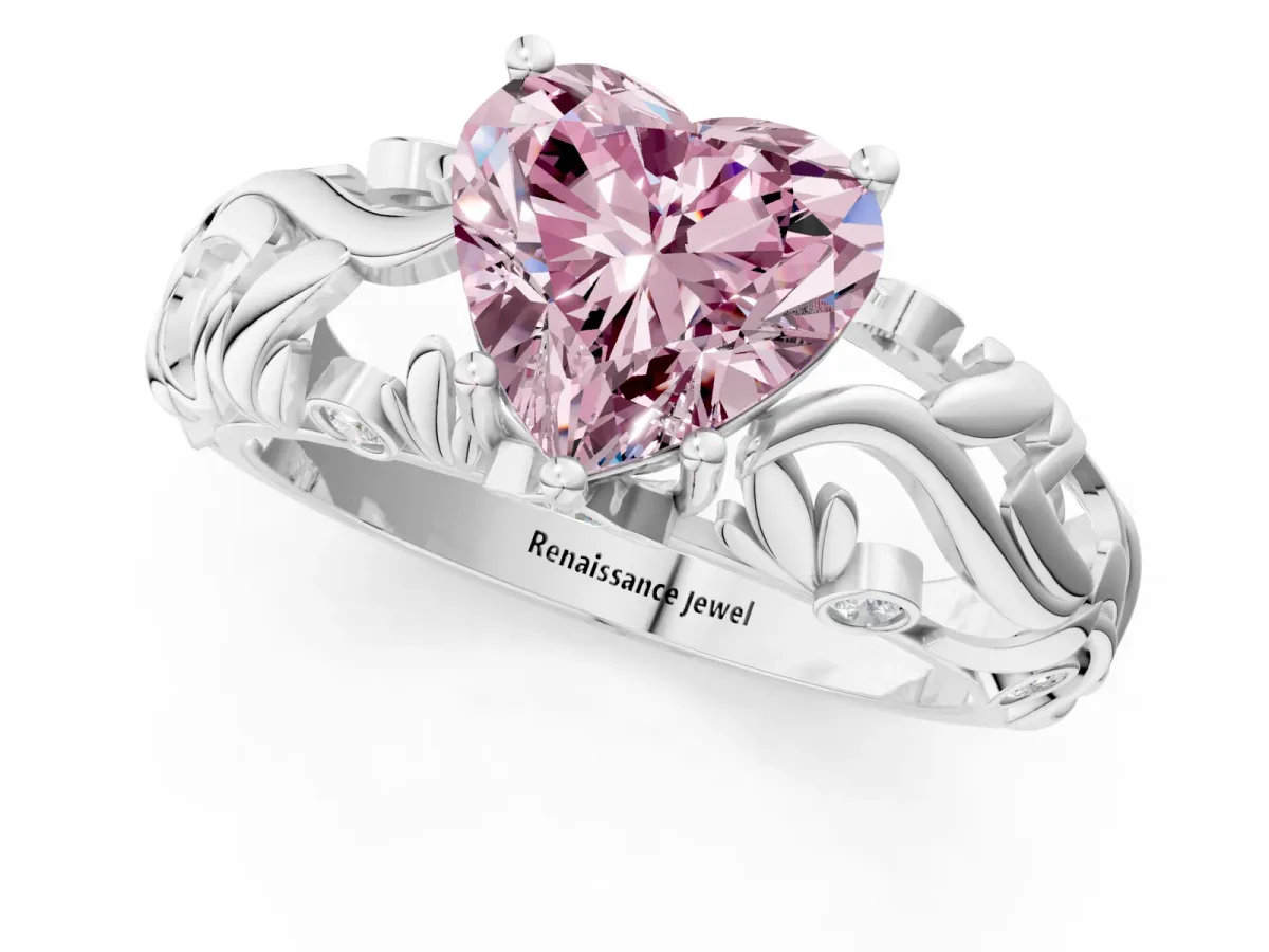 Fancy Pink Heart Cut Solitaire Diamond Leaf-Inspired Vine Band Ring with Prong Setting Platinum