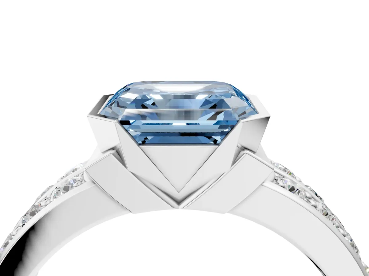 Fancy Blue Asscher Cut Brilliant Diamond Channel Set Wide Band Ring with Bezel Setting Platinum