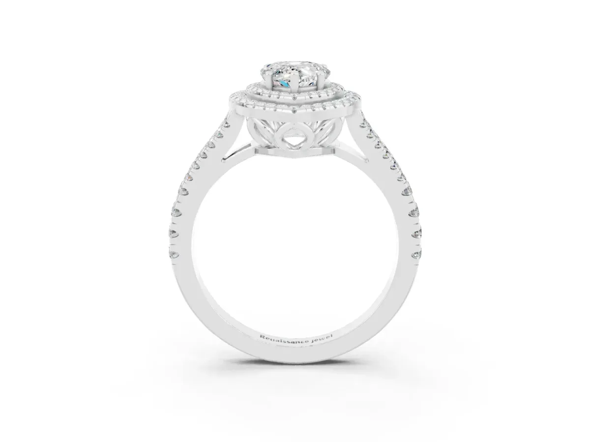 Pear Cut Moissanite Double Halo Ring with Pavé Band and Prong Setting Silver