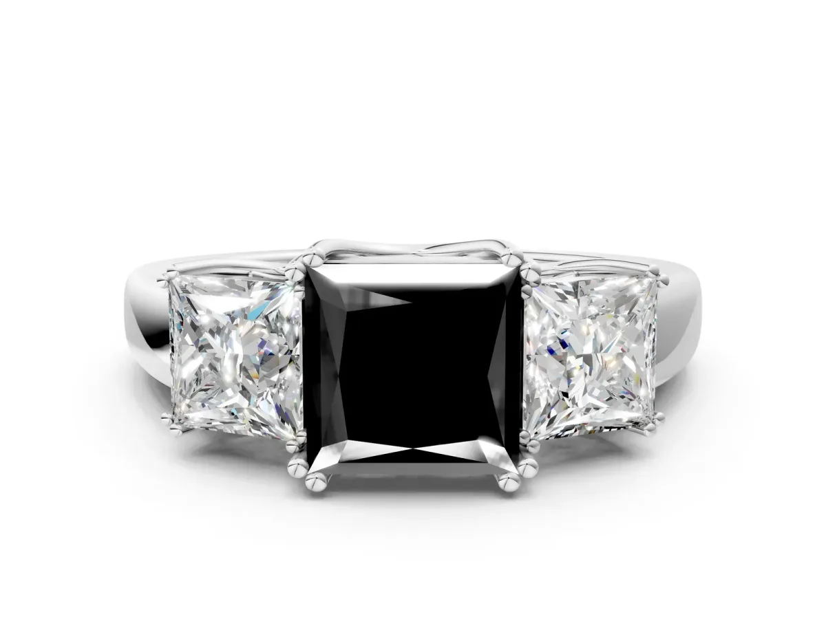 Fancy Black Three-Stone Princess Cut Cut Diamond Ring with Channel Set Band and Four-Prong Setting Silver