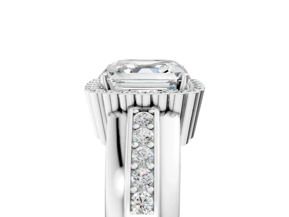 Asscher Cut Cut Halo Pave Band Four-Prong Ring Platinum