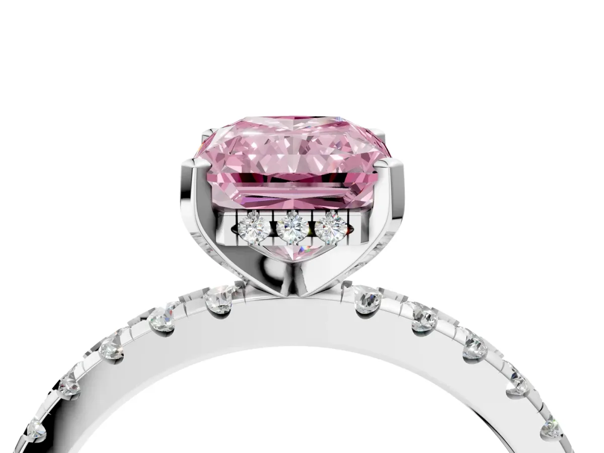 Fancy Pink Radiant Cut Diamond Solitaire Ring with Round Pavé Band and Four-Prong Setting Silver