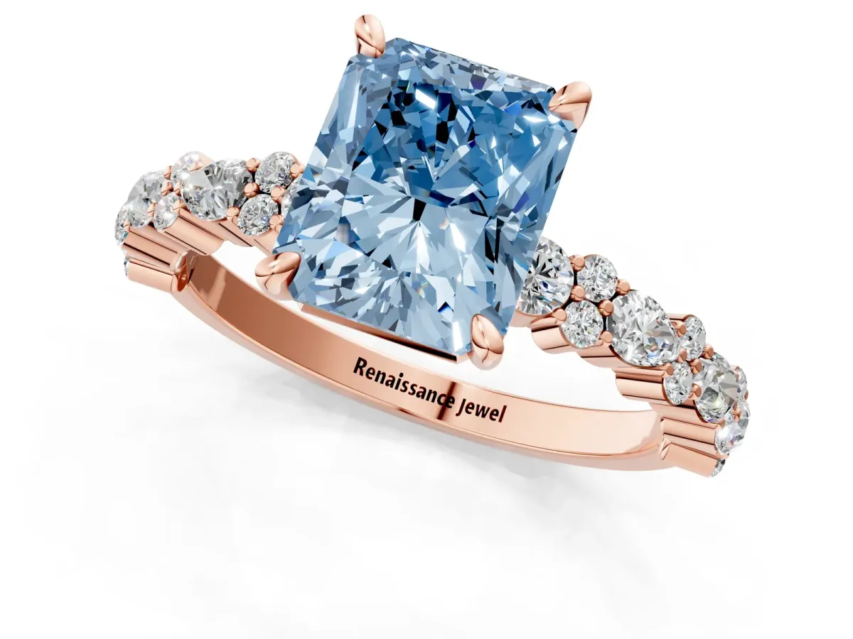 Fancy Blue Radiant Cut Diamond Side Stone Solitaire Ring with Round and Four-Prong Setting Rose gold