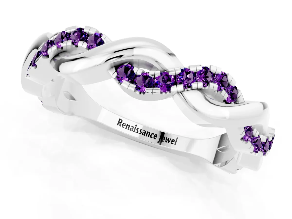 Pavé Round Amethyst Twist Eternity Band with Shared Prong Setting Platinum