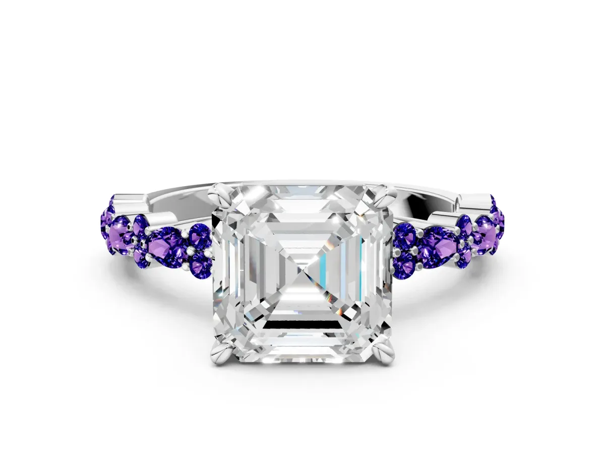 Asscher Cut Diamond Side Stone Solitaire Ring with Round Tanzanite and Four-Prong Setting Silver