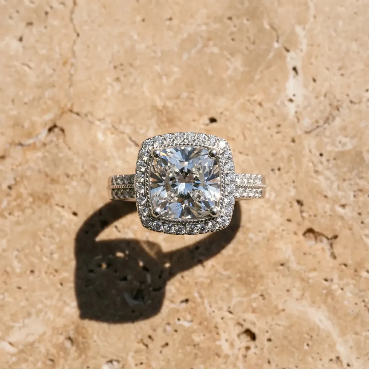 Cushion Cut Diamond Double Halo Ring with Split Shank and Four-Prong Setting Platinum