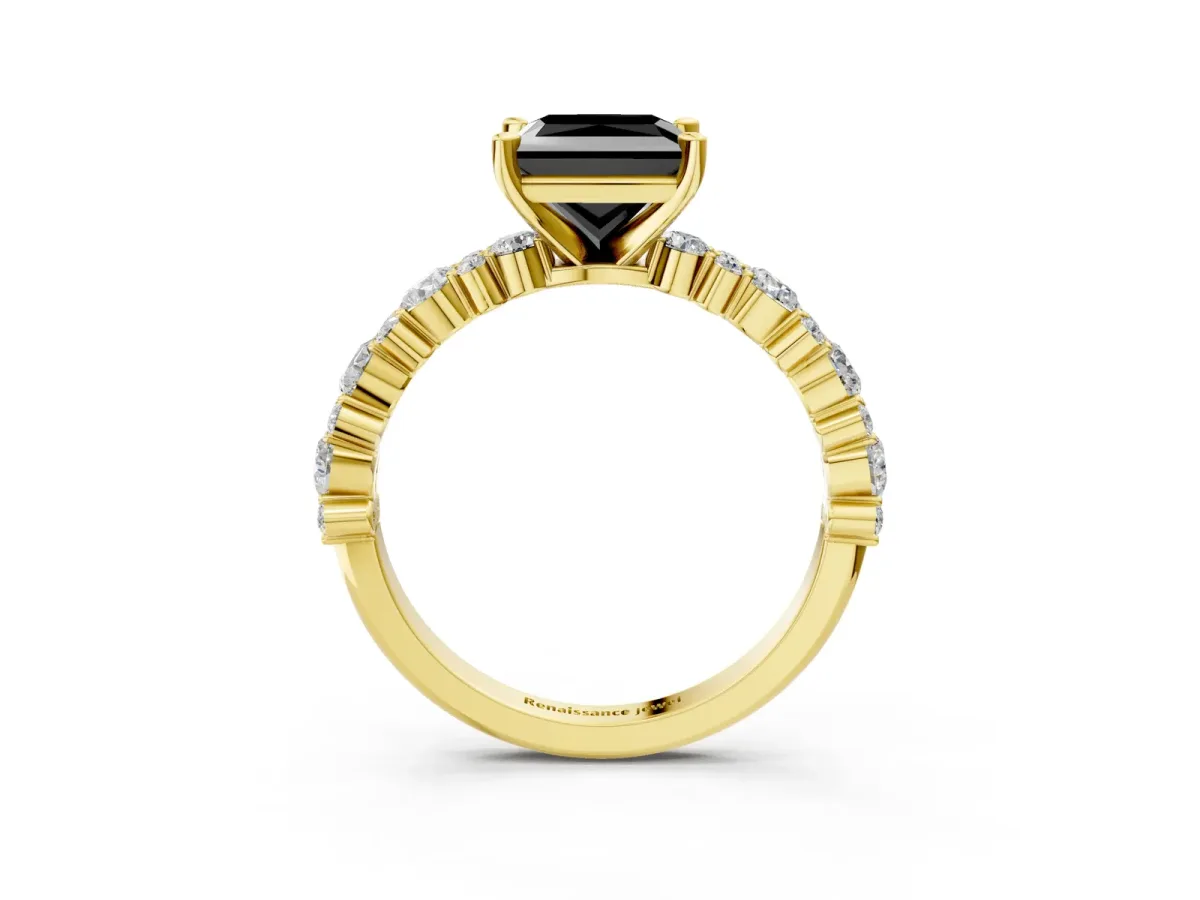 Fancy Black Princess Cut Diamond Side Stone Solitaire Ring with Round and Four-Prong Setting Yellow gold
