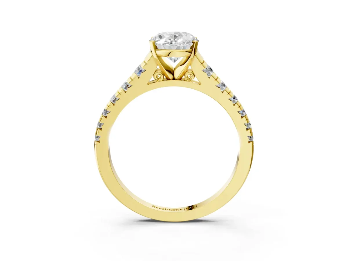 Oval Cut Diamond Cathedral Solitaire Ring with Round Pavé Band Yellow gold