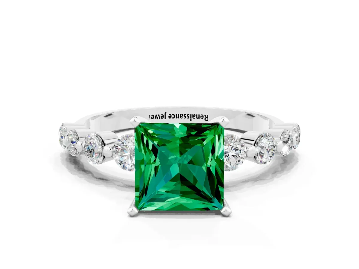 Princess Cut Solitaire Emerald Ring with Pave Band and Four-Prong Setting Platinum