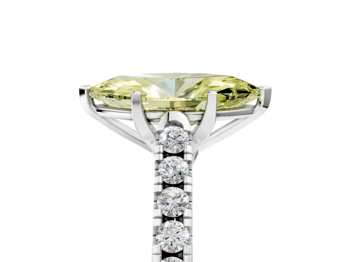 Fancy Yellow Marquise Cut Diamond Pavé Band Solitaire Ring with Prong Setting Silver