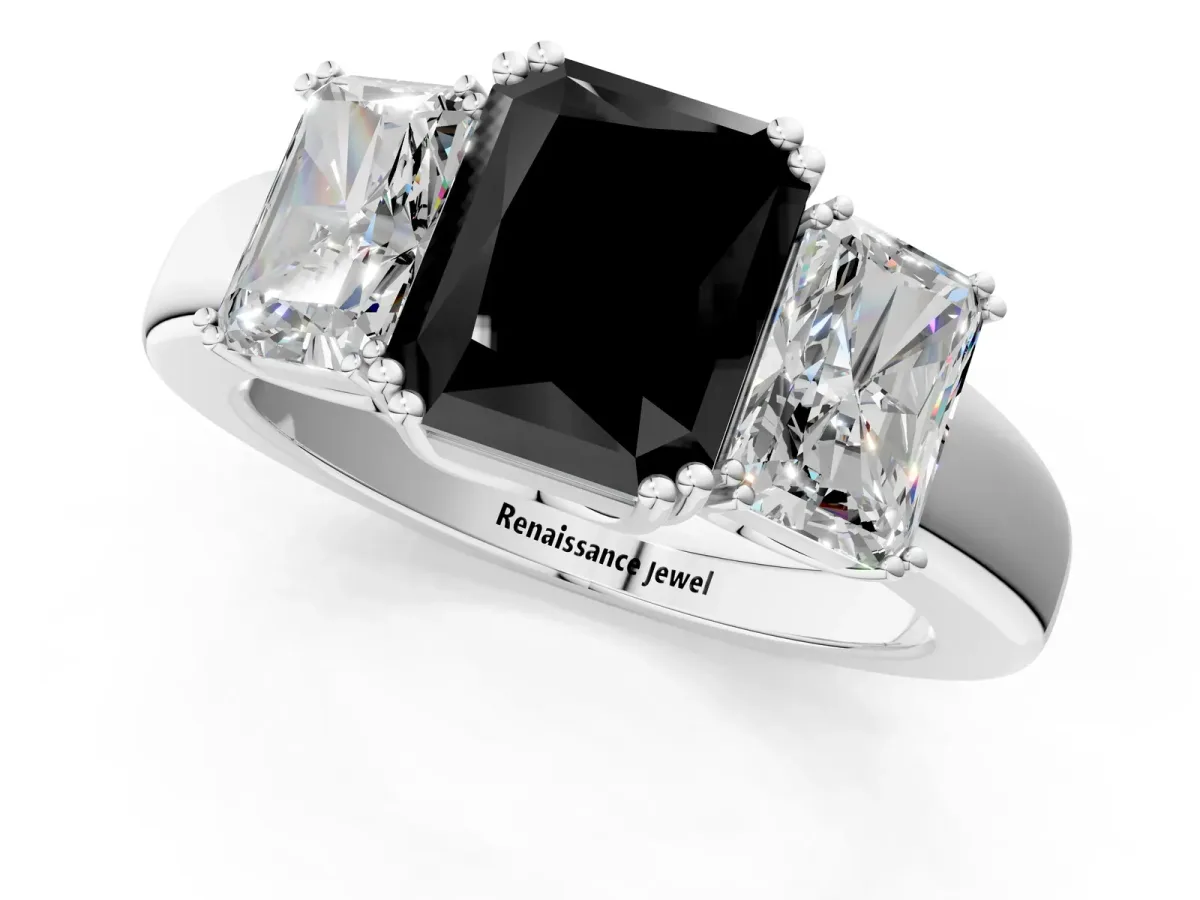 Fancy Black Three-Stone Radiant Cut Cut Diamond Ring with Channel Set Band and Four-Prong Setting Silver