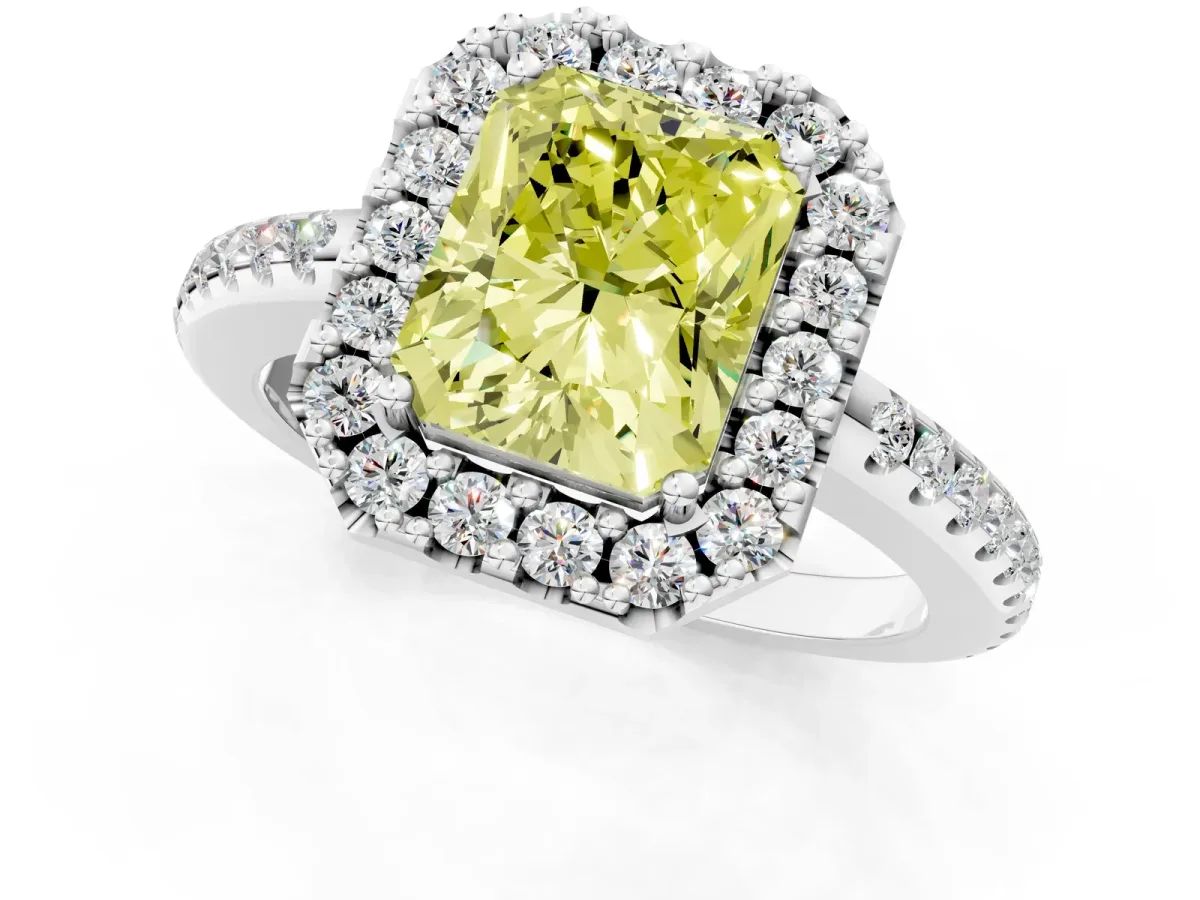 Fancy Yellow Radiant Cut Diamond Pavé Halo Ring with Four-Prong Setting Platinum