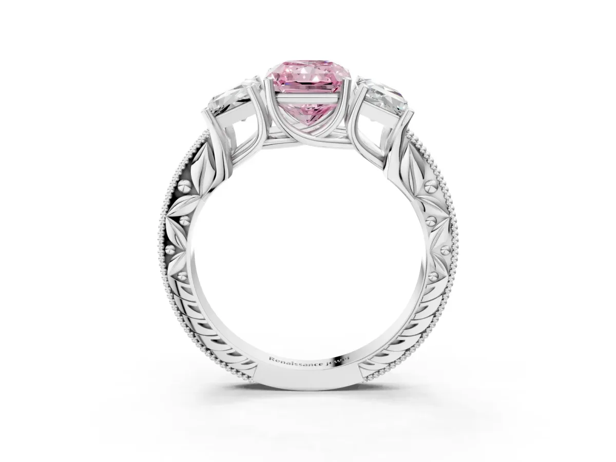 Fancy Pink Three-Stone Radiant Cut Cut Milgrain Pavé Engagement Ring Platinum