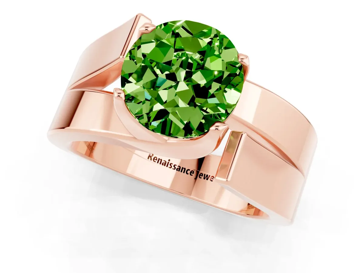 Modern Tension Set Round Cut Peridot Solitaire Wide Band Ring Rose gold