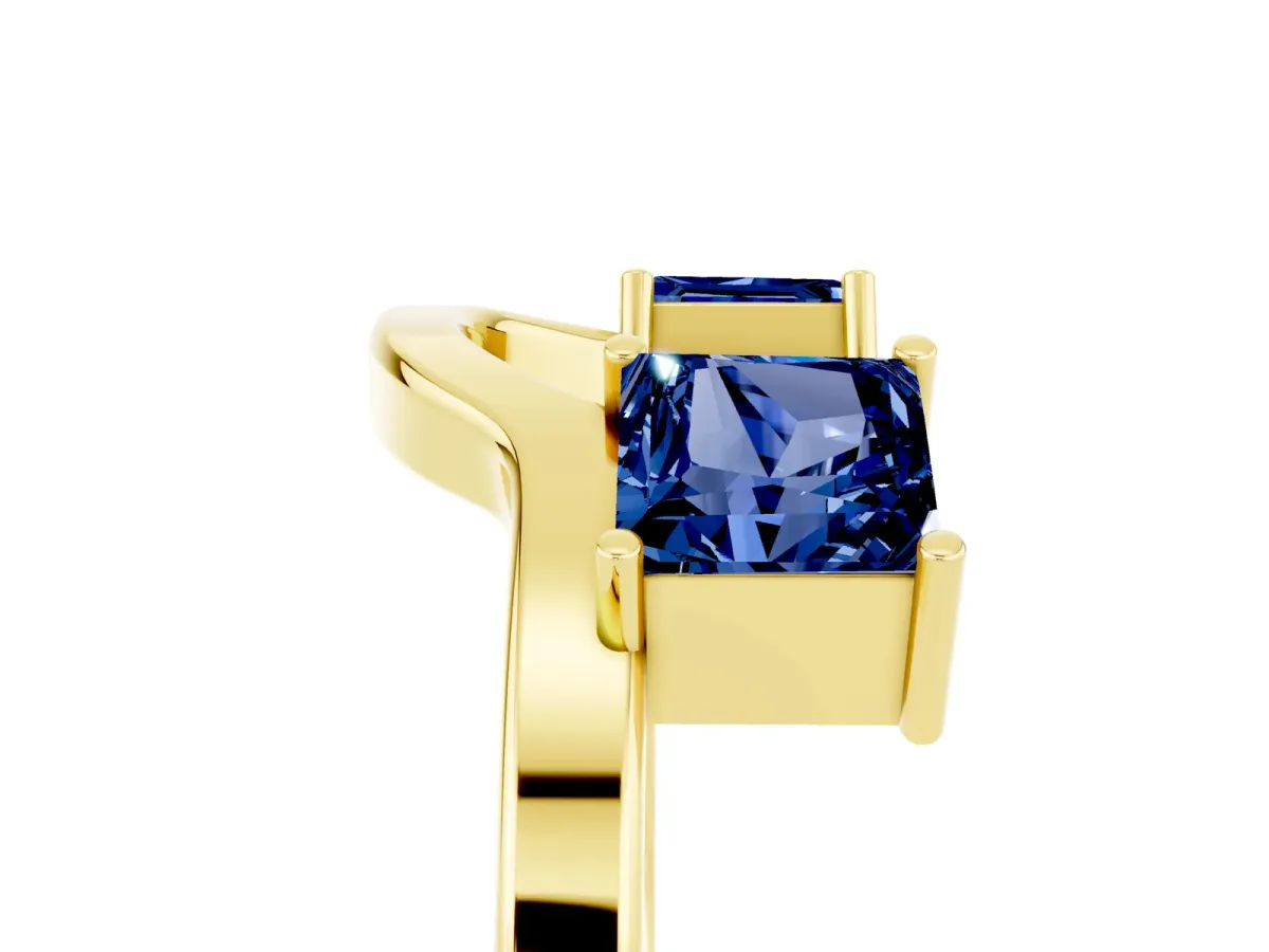 Princess Cut Blue Sapphire Two-Stone Open Band Ring with Four-Prong Setting Yellow gold
