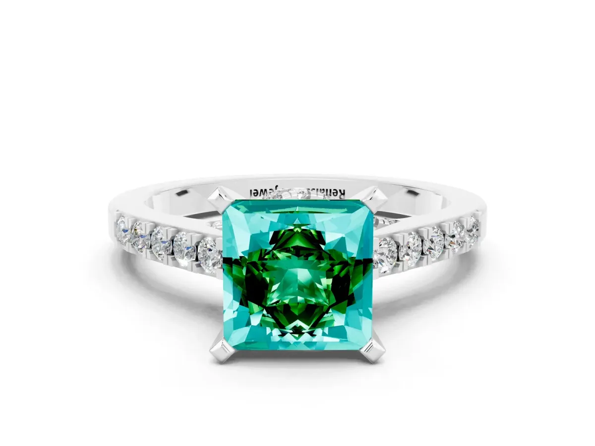 Princess Cut Emerald Solitaire Ring with Crossover Gallery and Round Pavé Band Silver