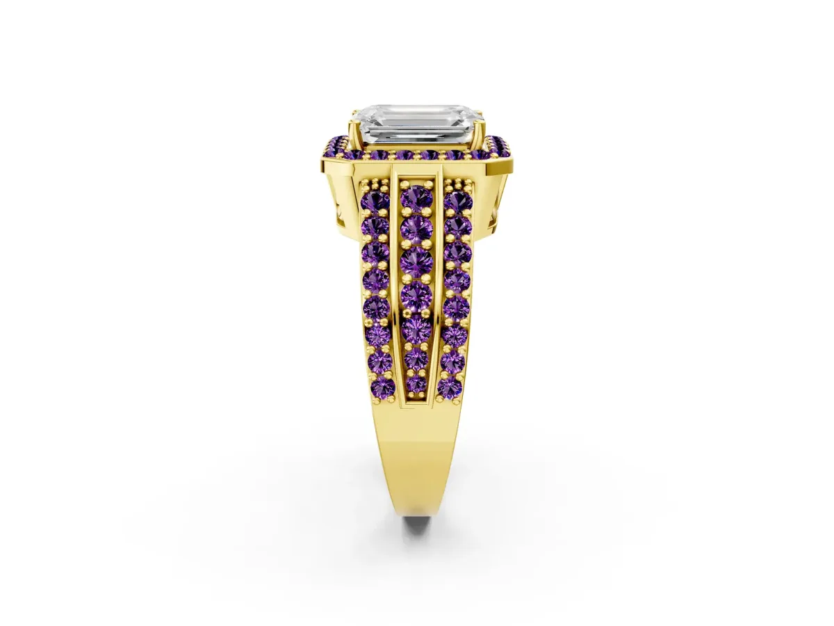 Emerald Cut Halo Diamond Ring with Round Amethyst Split Shank and Prong Setting Yellow gold
