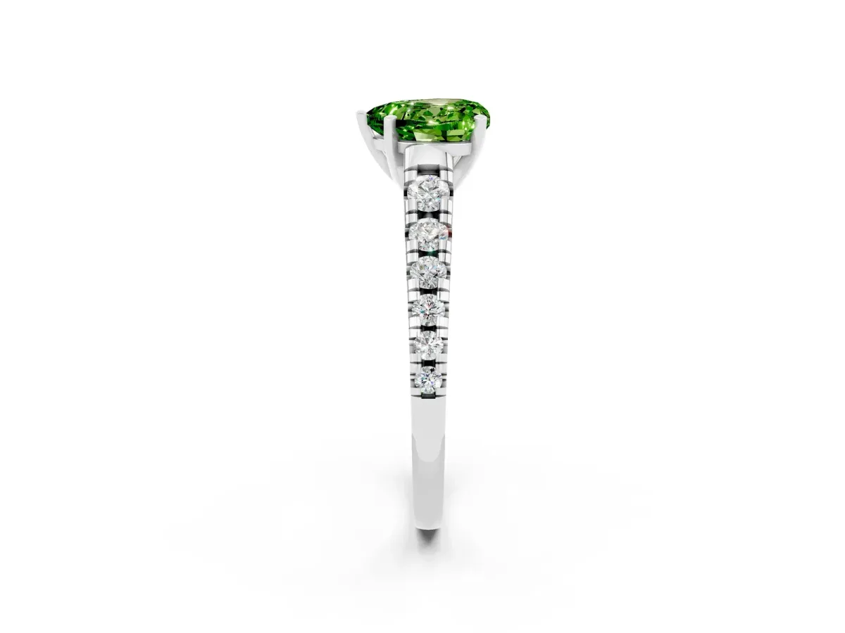 Heart Cut Peridot Cathedral Solitaire Ring with Round Pavé Band Silver