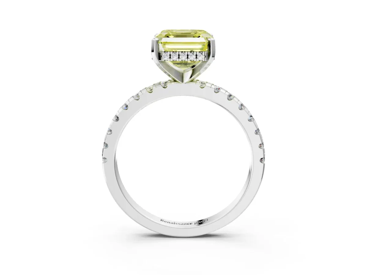 Fancy Yellow Asscher Cut Diamond Solitaire Ring with Round Pavé Band and Four-Prong Setting Silver