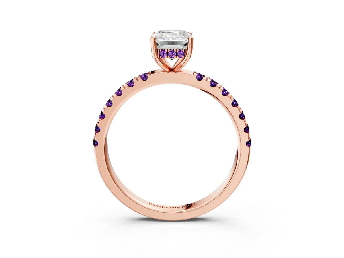 Emerald Cut Diamond Pave Band Solitaire Ring with Round Amethyst and Prong Setting Rose gold
