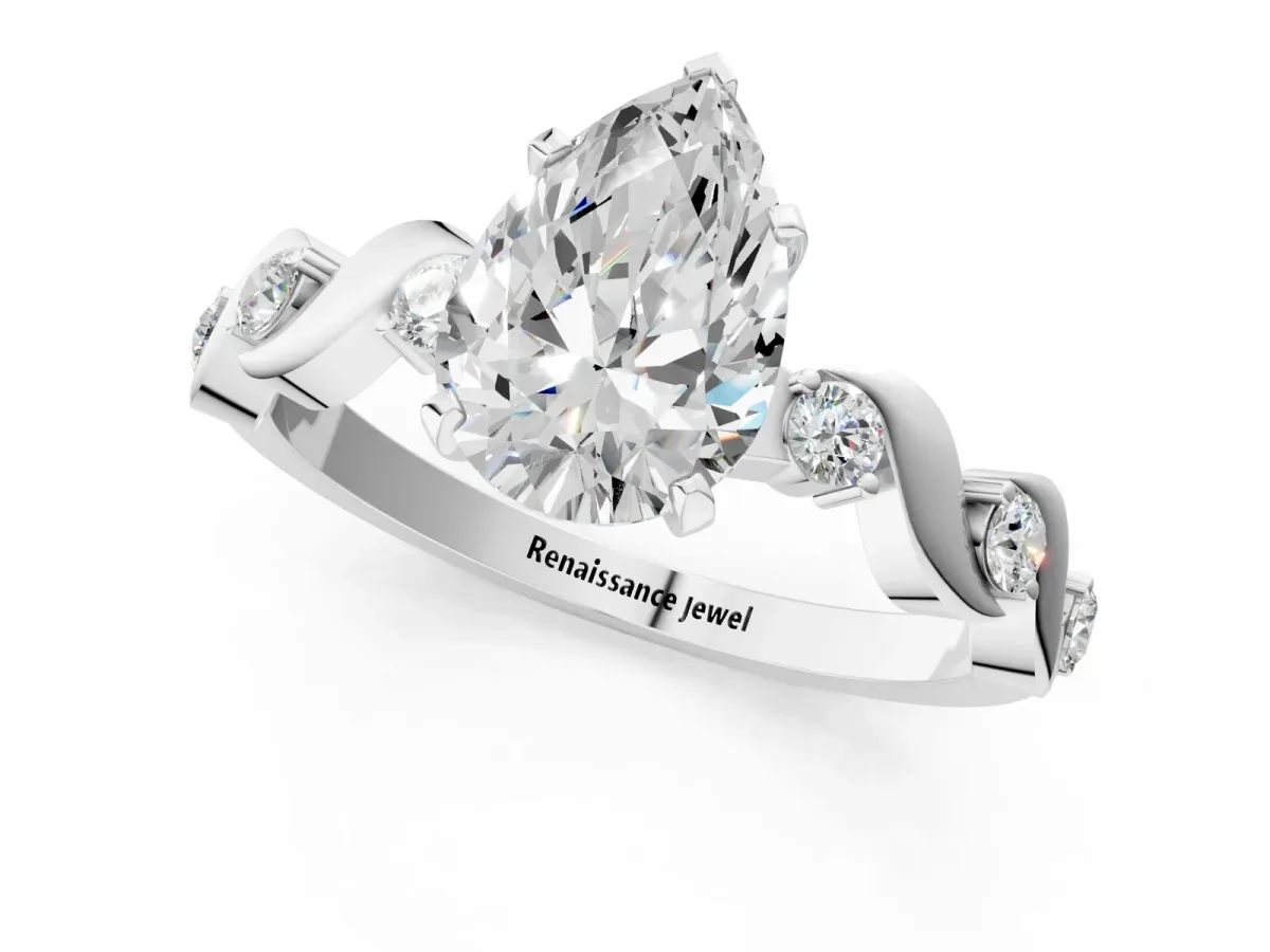 Pear Cut Diamond Solitaire Twisted Band with Round Accents and Prong Setting Silver