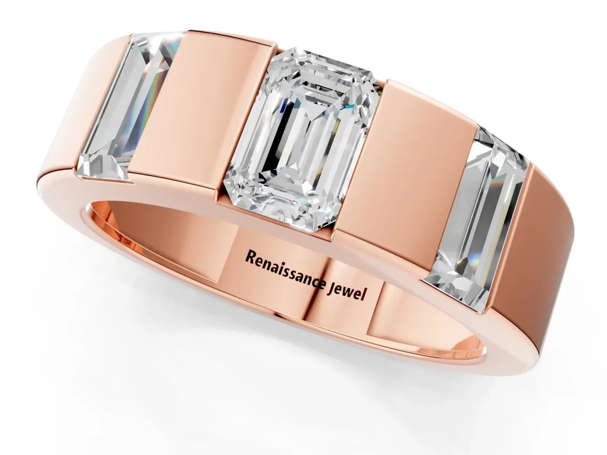 Emerald Cut Diamond Three-Stone Mens Ring with Baguette Side Stones Rose gold