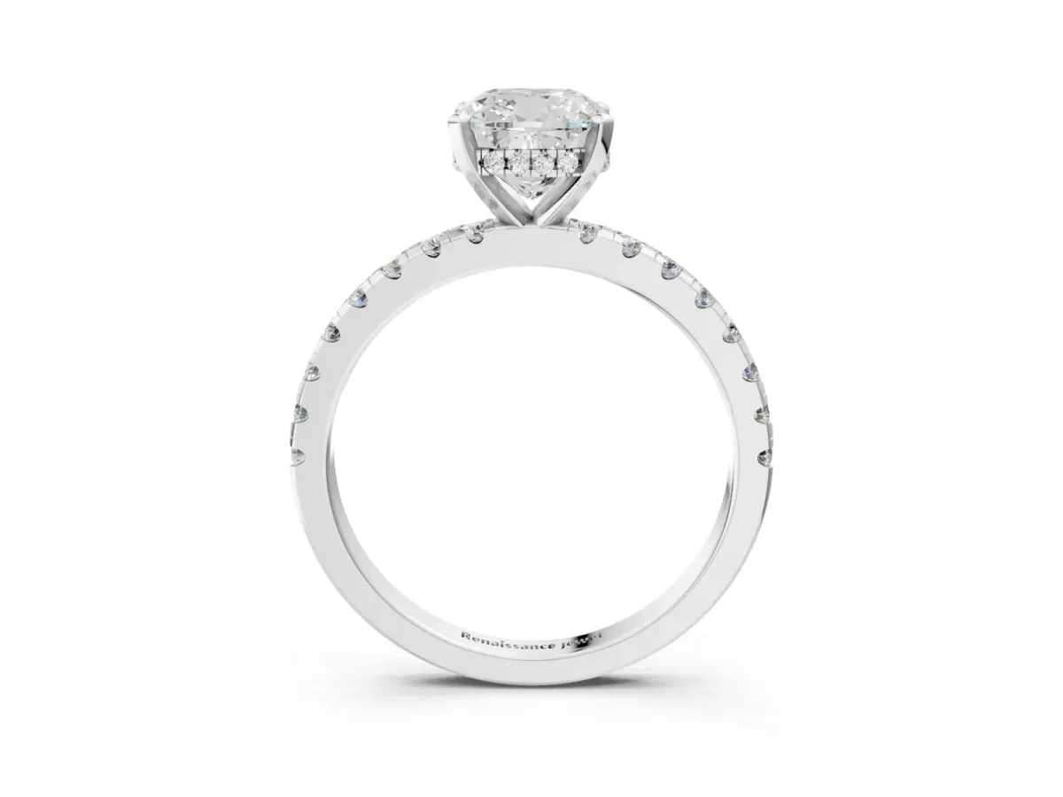 Cushion Cut Diamond Solitaire Ring with Round Pavé Band and Four-Prong Setting Silver
