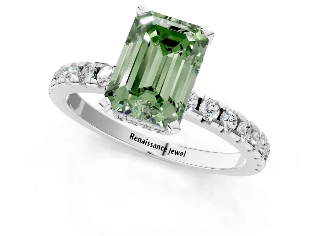 Fancy Green Emerald Cut Diamond Solitaire Ring with Round Pavé Band and Four-Prong Setting Silver