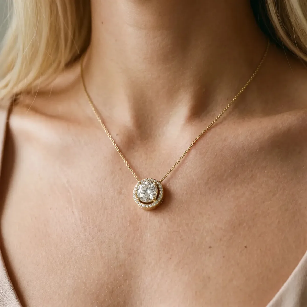 Round Halo Prong Set Pendant Yellow gold