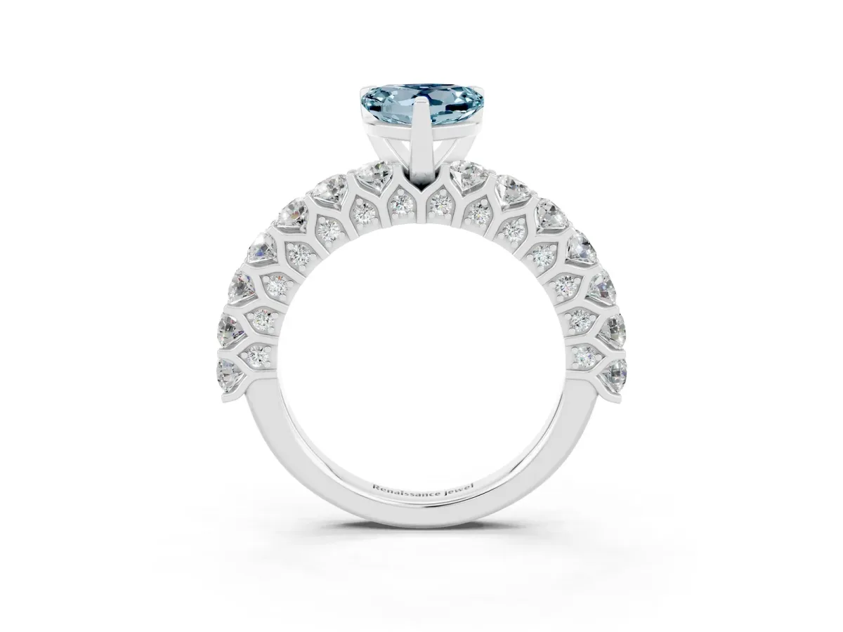 Heart Cut Aquamarine Solitaire Ring with Shared Prong Pavé Band and Four-Prong Setting Silver