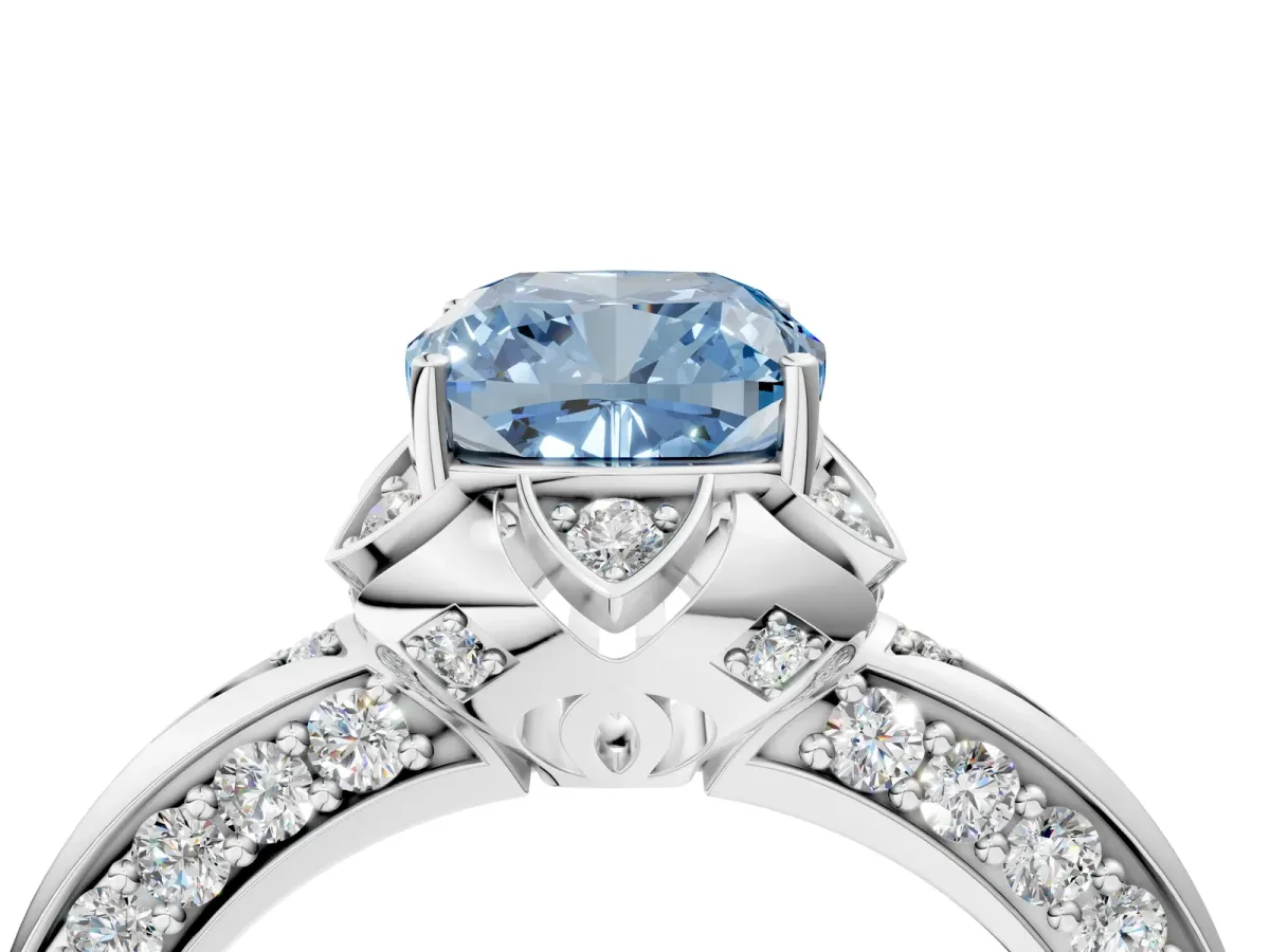 Fancy Blue Cushion Cut Halo Split Shank Pave Diamond Ring with Petal Prong Setting White gold