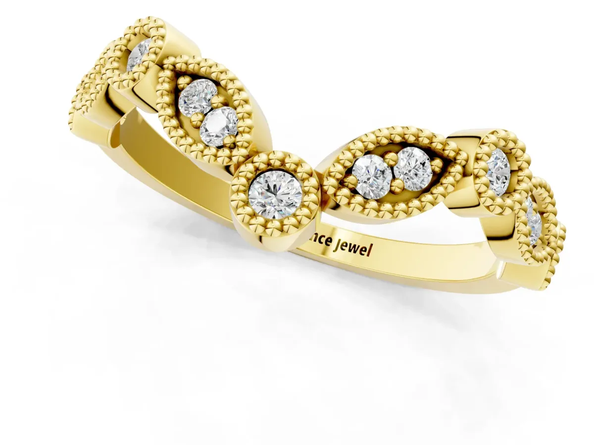Milgrain Marquise and Round Diamond Half Eternity Band Yellow gold