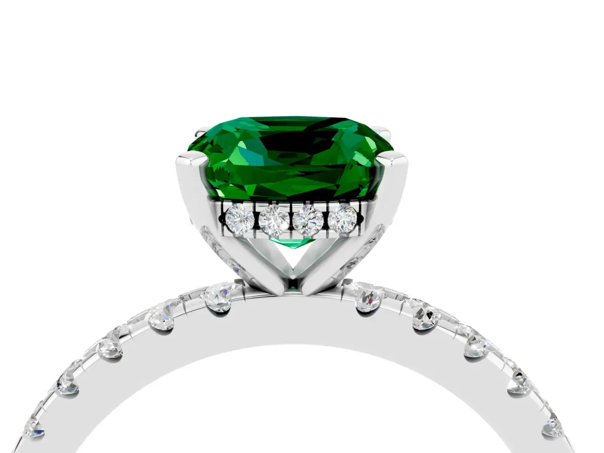 Cushion Cut Emerald Solitaire Ring with Round Pavé Band and Four-Prong Setting Silver