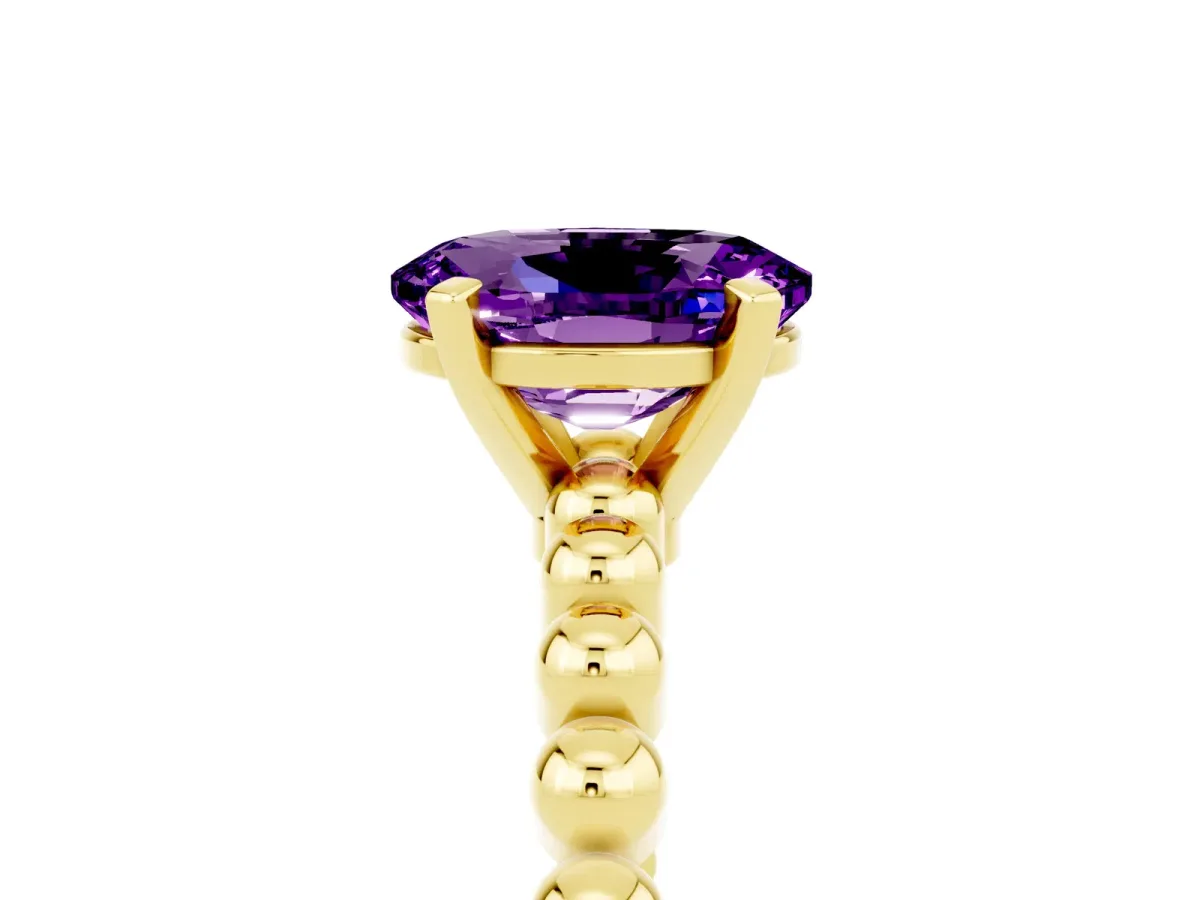 Oval Cut Amethyst Solitaire Ring with Beaded Band and Prong Setting Yellow gold