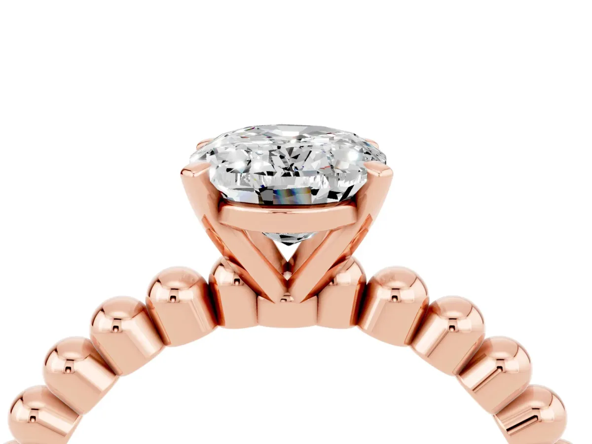 Oval Cut Moissanite Solitaire Ring with Beaded Band and Prong Setting Rose gold